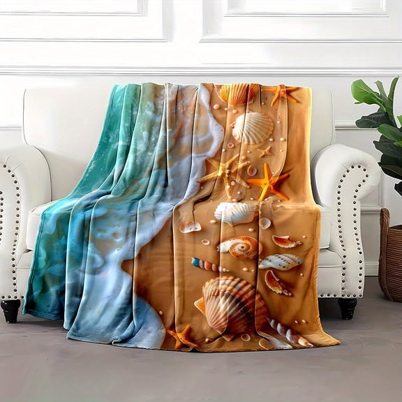 Beautiful Wallpaper Beach Tide Ocean Shellfish Print All Season Warm Throw Blanket Gift for Family and Friends