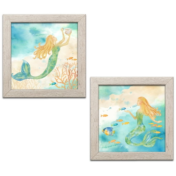 Beautiful Watercolor-Style Mermaid and Tropical Fish by Cynthia Coulter; Coastal Décor; Two 12x12in Distressed Framed Prints