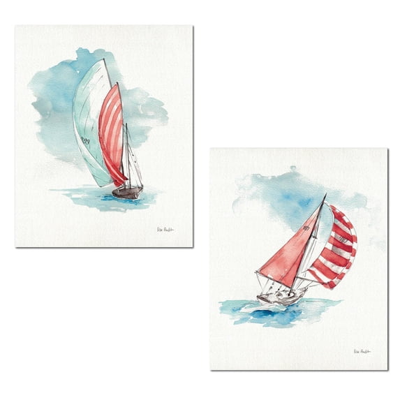 Beautiful Watercolor-Style Sailboat In the Breeze Print by Lisa Audit; Coastal Decor; Two 11x14in Unframed Print. Blue/White/Black