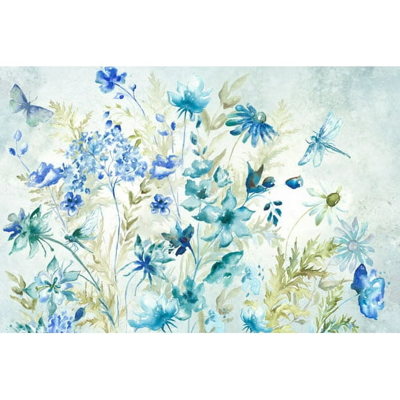Beautiful Watercolor-Style Teal, Blue and Green Wildflower and Dragonfly Print by Tre Sorelle Studios; One 18x12in Unframed Paper Poster