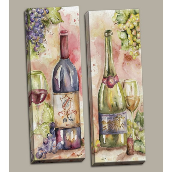 Beautiful Watercolor-Style Wine Bottle Panels by Tre Sorelle Studios; Kitchen Decor; Two 12x36in Stretched Canvases