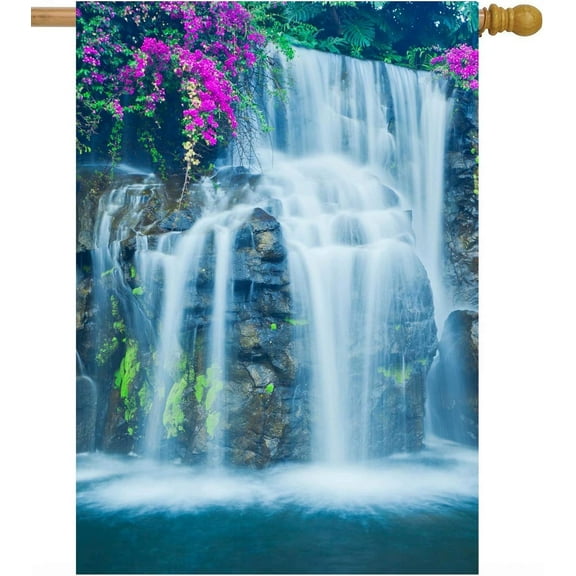 Beautiful Waterfall Floral Flower Summer Spring Hawaii Scenery House Flag 28 x 40 Inch, Double Sided Large Garden Yard Welcome Flags Banners for Home Lawn Patio Outdoor Decor