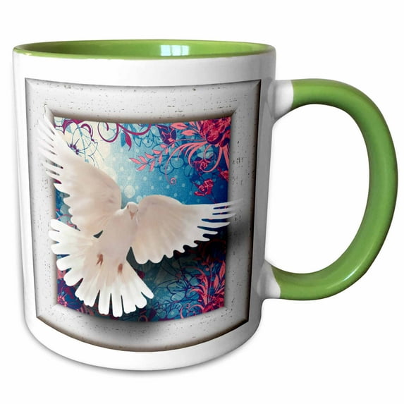 3drose, Beautiful White Dove Framed Art with Tapestry Gradient Pastel Background, 15oz Two-tone Green Mug
