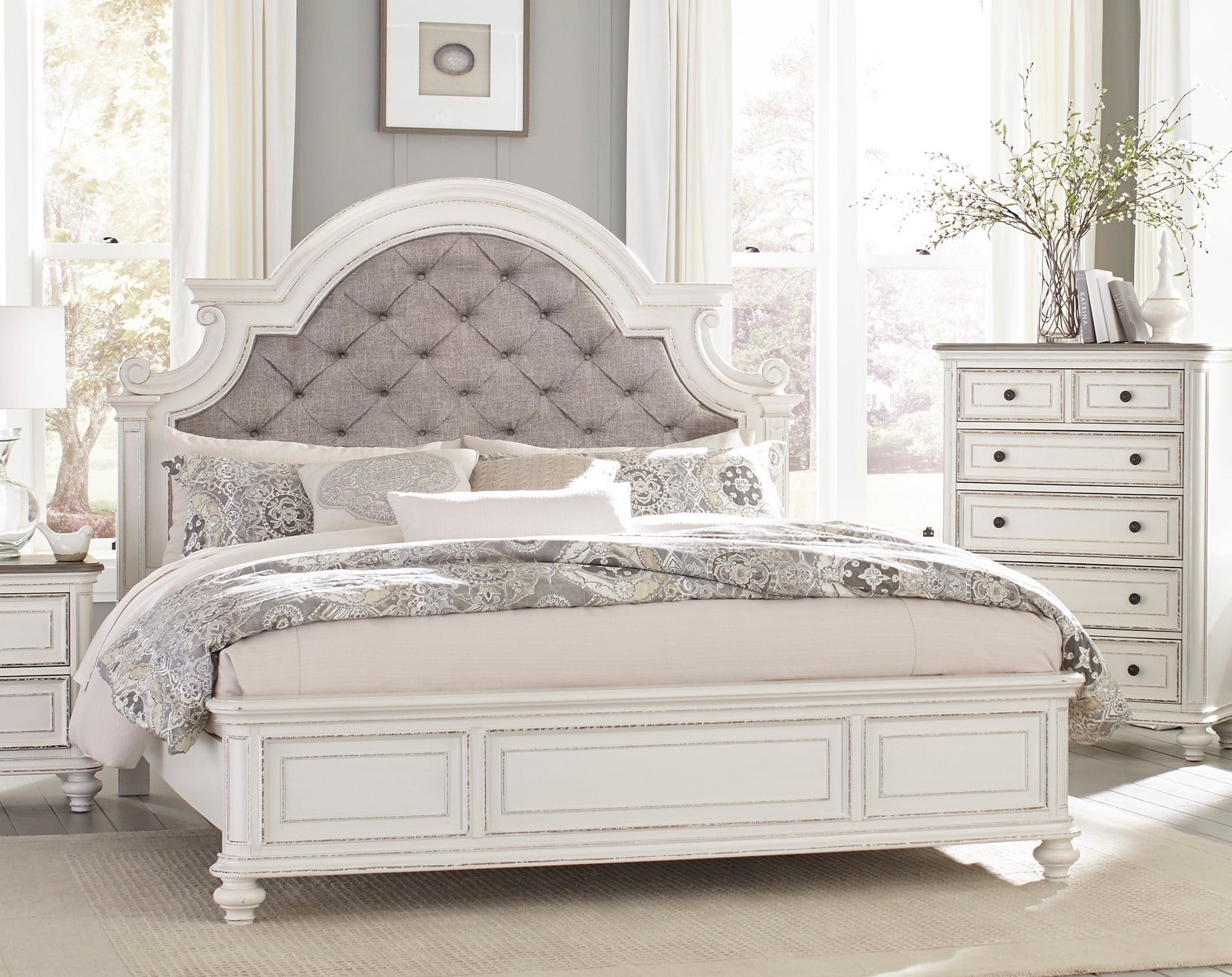 Beautiful White Finish Cal King Size Bed 1pc ButtonTufted Headboard