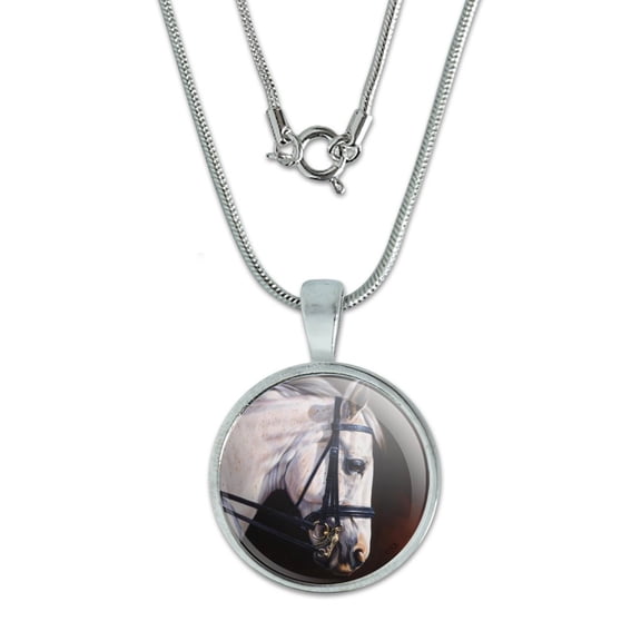 Beautiful White Horse Reins Tack Harness 0.75" Pendant with Sterling Silver Plated Chain