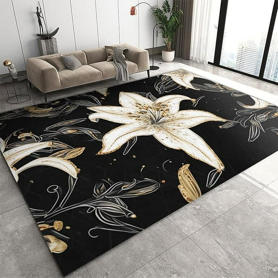 Beautiful White Lily Flower Rugs, Pastoral Flower Farmhouse Area Rugs, Soft Non-Slip Indoor Outdoor Rug For Living Room Bedroom Modern Runner Rugs, Multi 4 x 5ft