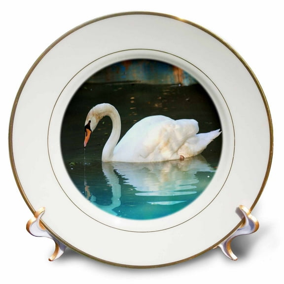 3dRose, Beautiful White Swan n Reflection, 8 inch Porcelain Plate