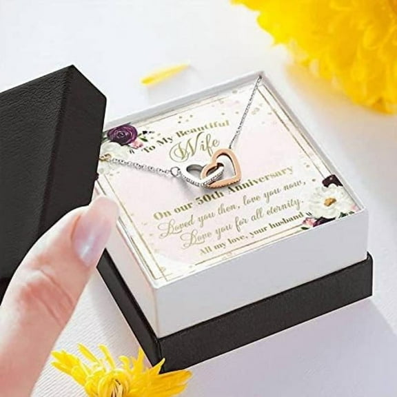 To My Beautiful Wife 50th Wedding Anniversary For Wife From Husband, Heart Pendant Necklace 50th Golden Anniversary Jewelry Gift Idea, Interlocking Hearts Necklace Loved you then love you now