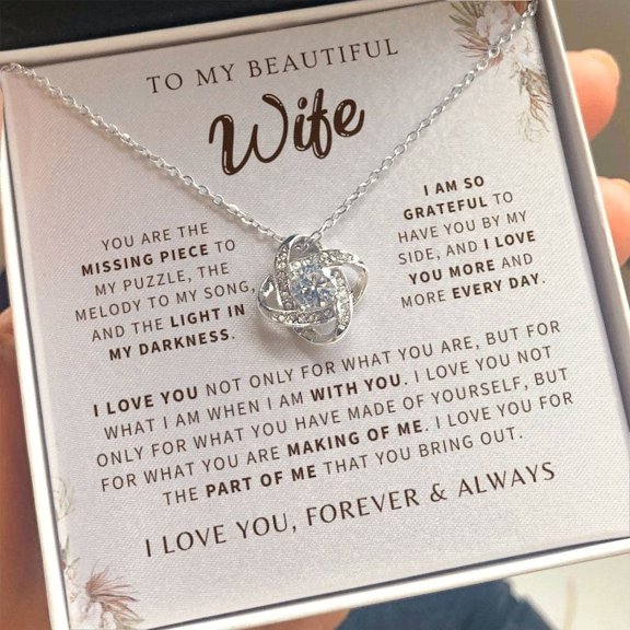 To My Beautiful Wife Necklace, Missing Piece Message Card, Sentimental Wife, Wife Gift From Husband, Thoughtful Valentines Day Gift, Gold Love Knot Necklace