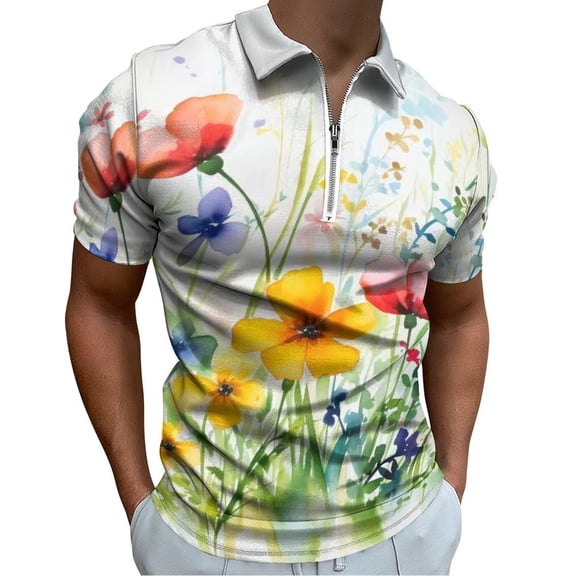 Beautiful Wildflowers Floral Colorful Men Zipper T-shirt Summer Casual Short Sleeve T-shirt Top