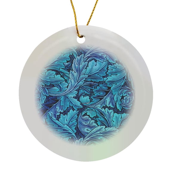 3drose, Beautiful William Morris Acanthus Leaf Pattern in Blue, Circle Porcelain Ornament