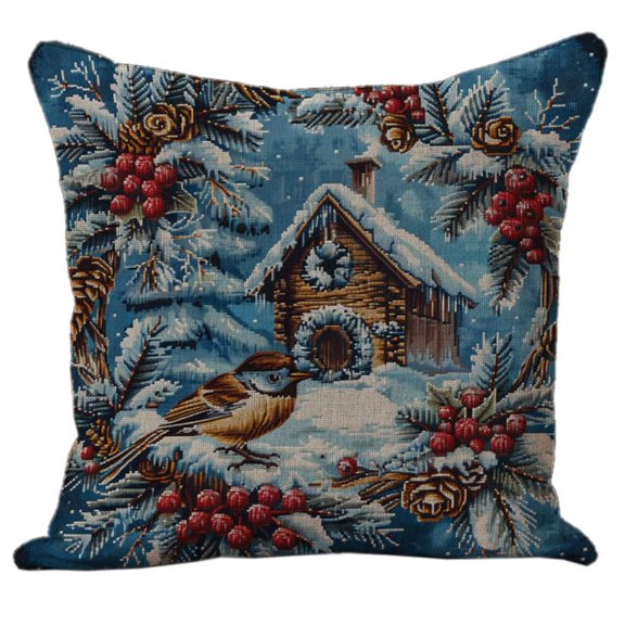 Beautiful Winter Bird in Snow Rowan Berries DIY 11CT Stamped Cross Stitch Pillow Kits Embroidery Pillowcase Counted Needlepoint Handmade Cushion Cover Home Sofa Christmas Decoration 18x18inch(2)
