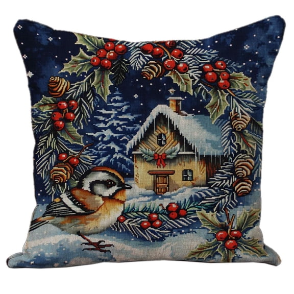 Beautiful Winter Bird in Snow Rowan Berries DIY 11CT Stamped Cross Stitch Pillow Kits Embroidery Pillowcase Counted Needlepoint Handmade Cushion Cover Home Sofa Christmas Decoration 18x18inch(4)