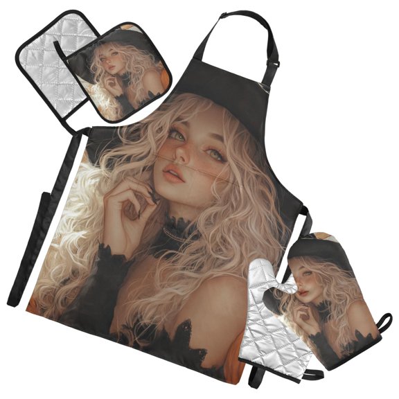 Beautiful Witch Oven Mitts and Pot Holders with Chef Apron Set 5 Pcs Kitchen Cooking Set