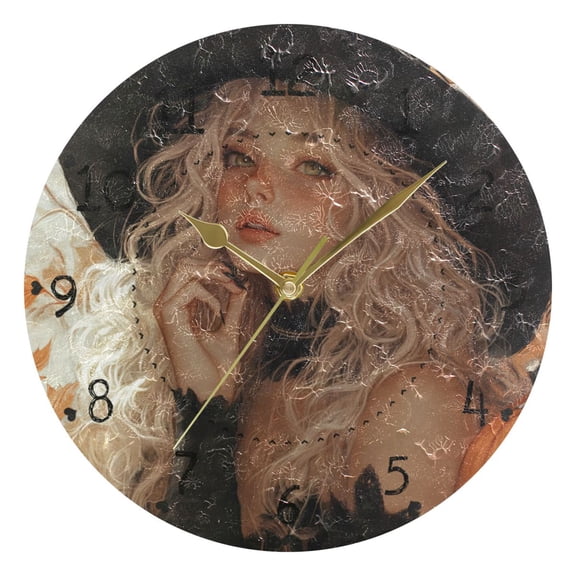 Beautiful Witch Round Wall Clock Silent Battery Operated Home Decor for Living Room Bedroom