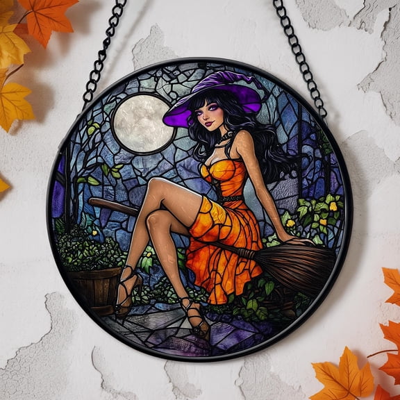 Beautiful Witch Stained Glass Suncatcher, Sexy Witch Window Hanging, Witch Halloween Decor, Spooky Season Hanging decor, Spooky Season Gift