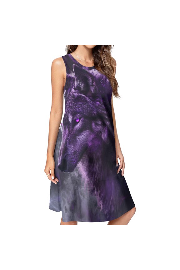 Beautiful Wolves Purple Spring Summer Dresses for Women Fashion T-shirt Dress Casual Sleeveless Loose Sundress with Pockets