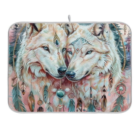 Beautiful Wolves with Feather Dish Drying Mat 16x18 Absorbent Microfiber Draining Rack Pad for Kitchen Counter Sink