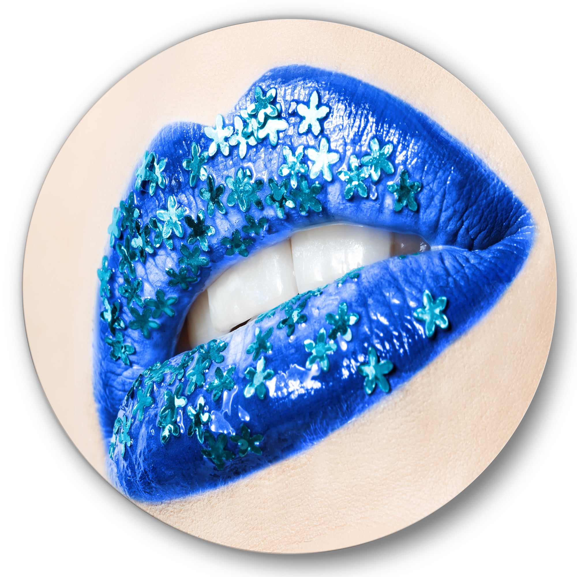 Beautiful Woman Lips Blue With Flowers 11 in x 11 in Painting Art Prints, by Designart