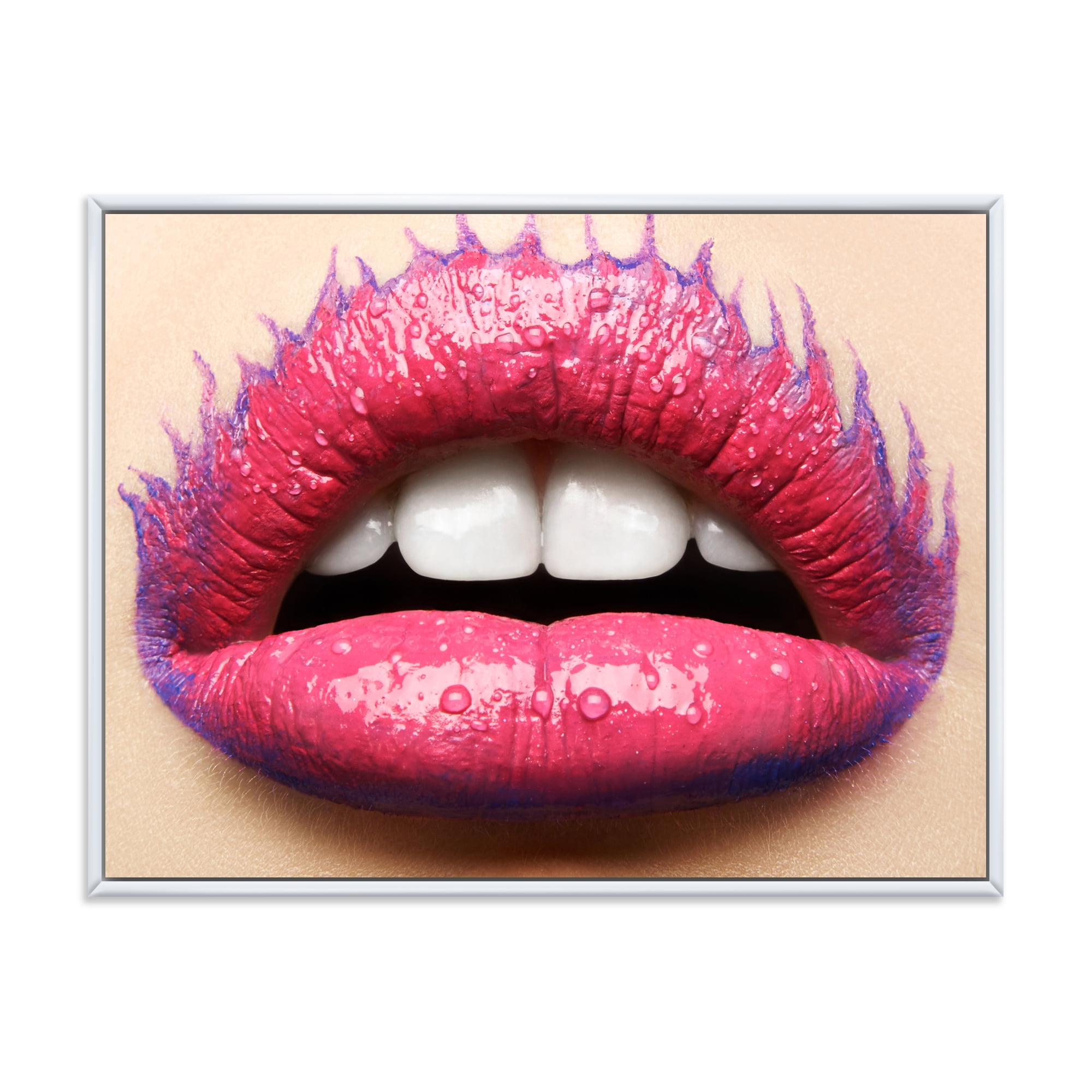 Beautiful Woman Lips With Pink Lipstick 40 in x 30 in Framed Painting Canvas Art Print, by Designart