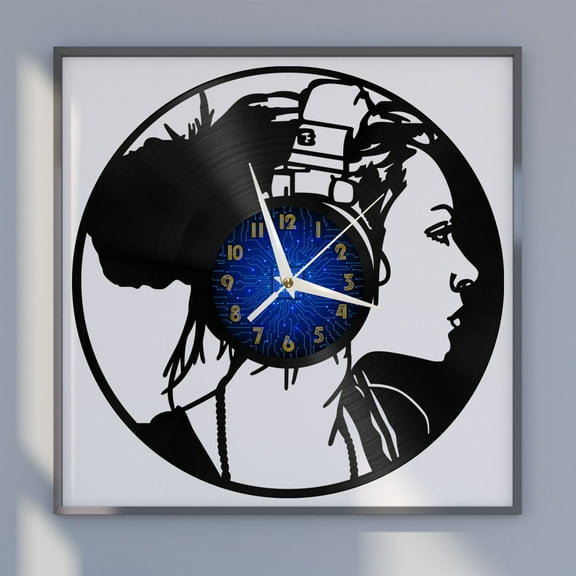 Beautiful Woman Listening to Music 12 Inch Vinyl Record Wall Clock - Silent, Creative, and Unique Clock for Living Room, Entryway, or Bedroom Decor - Perfect Gift Idea(12 inchs B without LED)