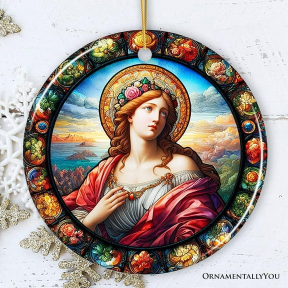 Beautiful Woman Stained Glass Themed Renaissance Italy Painting Ornament, Medieval Christmas Gift and Decor