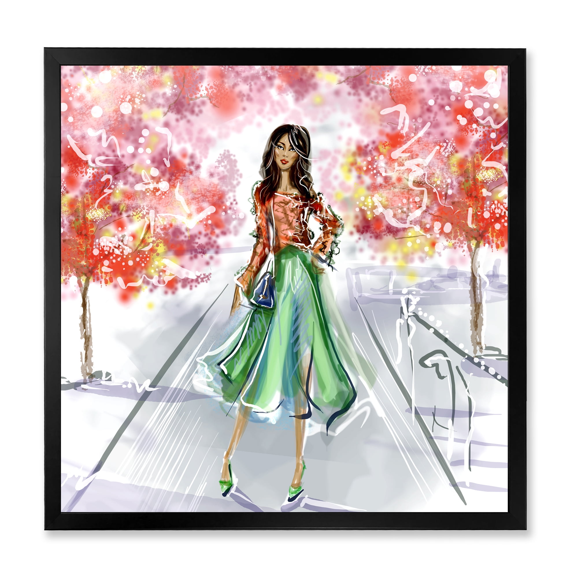 Beautiful Woman Wearing Fashionable Clothes In Park 16 in x 16 in Framed Painting Canvas Art Print, by Designart