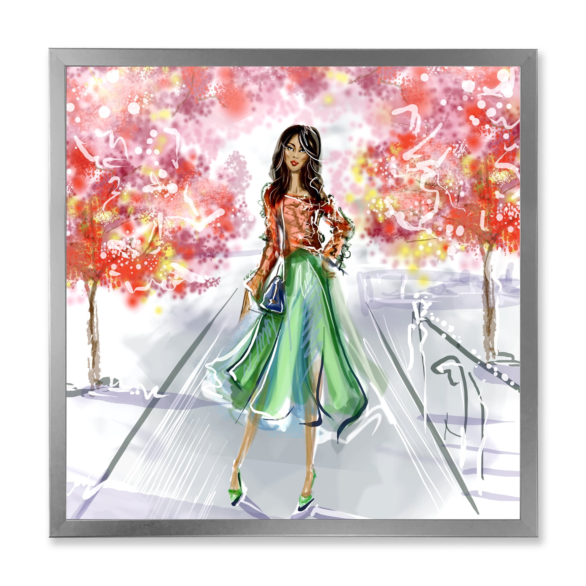 Beautiful Woman Wearing Fashionable Clothes In Park 30 in x 30 in Framed Painting Canvas Art Print, by Designart