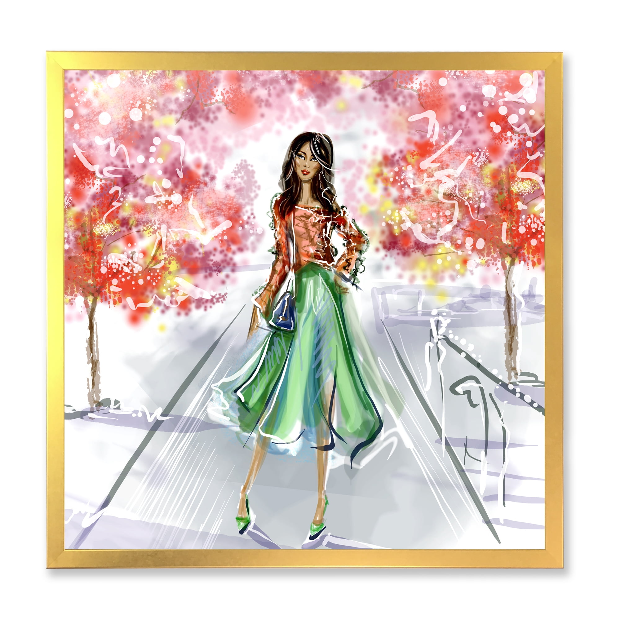 Beautiful Woman Wearing Fashionable Clothes In Park 30 in x 30 in Framed Painting Canvas Art Print, by Designart
