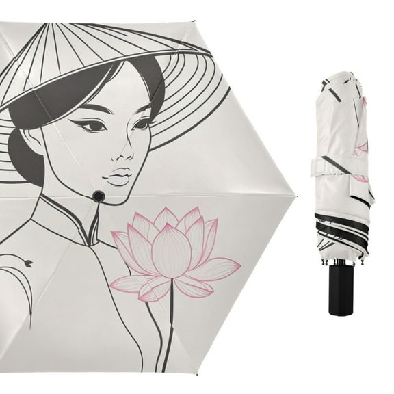 Beautiful Woman with Pink Lotus Compact Sun Umbrella Windproof Travel Umbrellas for Rain Strong Portable UV Protection