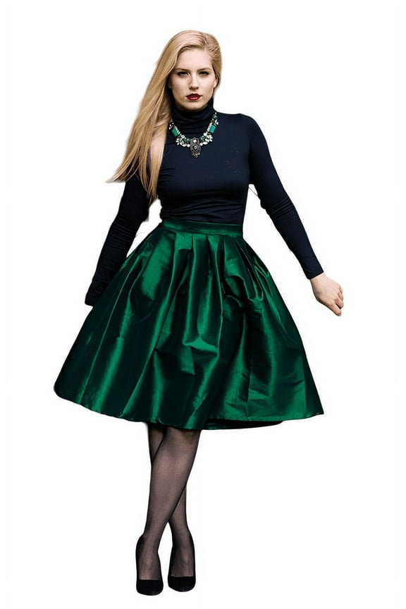 Women's Knee-Length Pleated Taffeta Skirt with One Pocket - Emerald Green, Solid Print