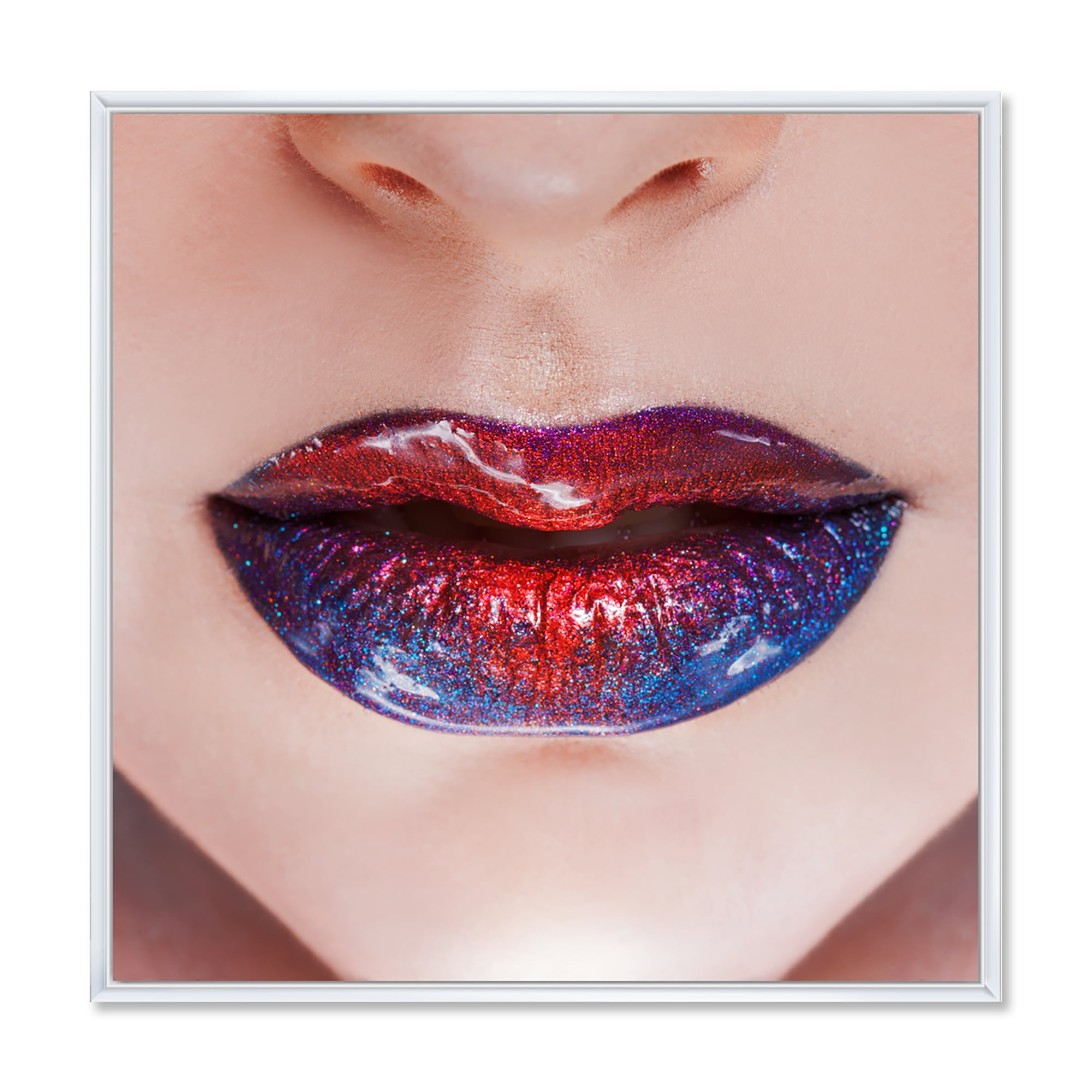 Beautiful Women Lips With Red and Blue Lipstick 16 in x 16 in Framed Photography Canvas Art Print, by Designart