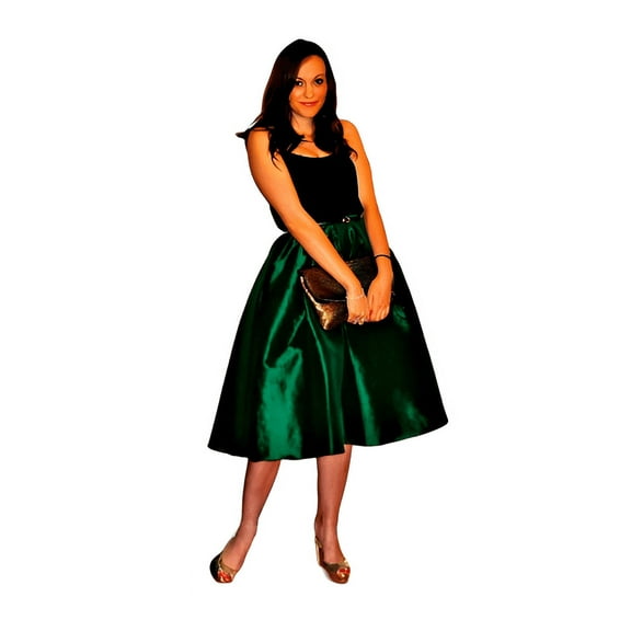 Womens Emerald Green  Pleated Taffeta Skirt with Pocket Knee-Length– Elegant & Stylish