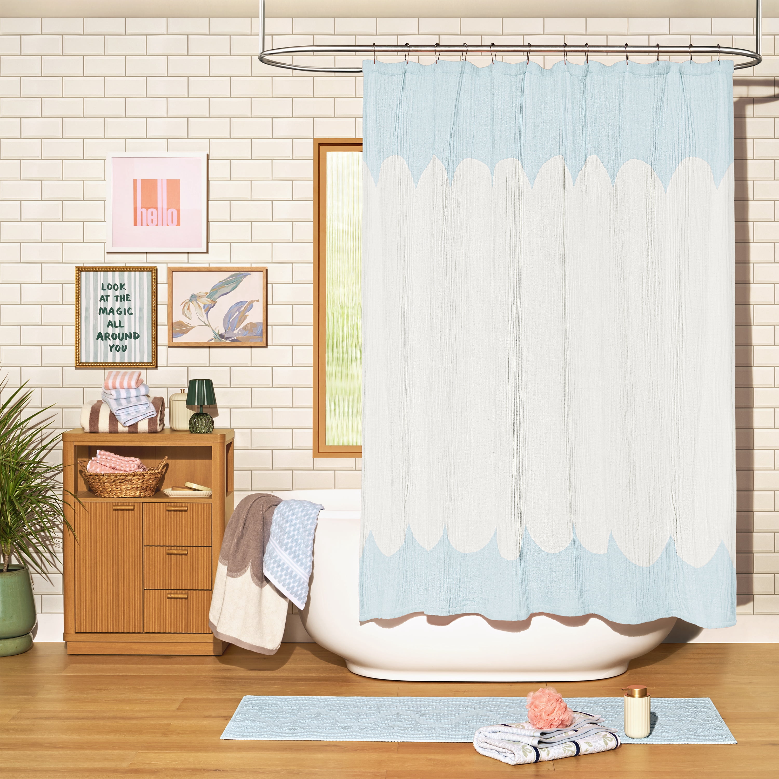 Beautiful Hydrangea Blue Scallop Gauze Shower Curtain by Drew Barrymore, Cotton, 72" x 72"