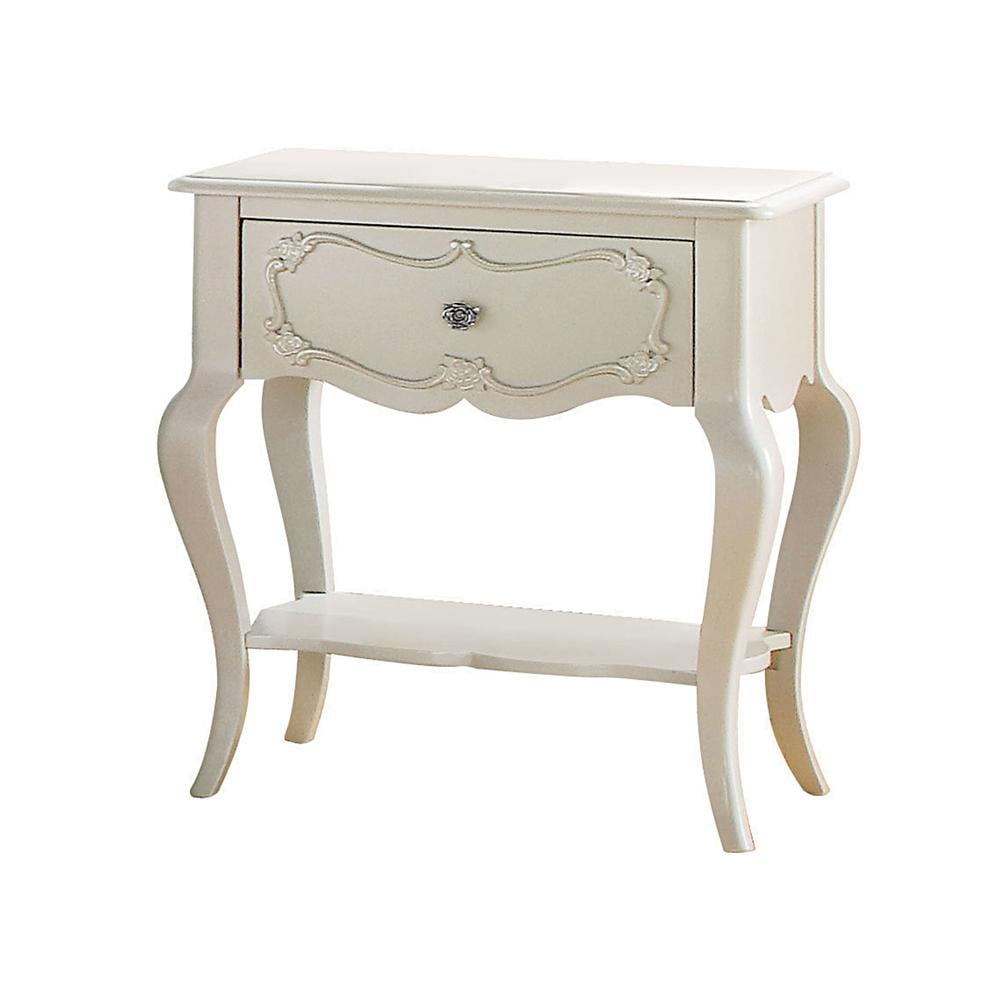 Edalene Pearl White Pine Wood Nightstand with Floral Carving