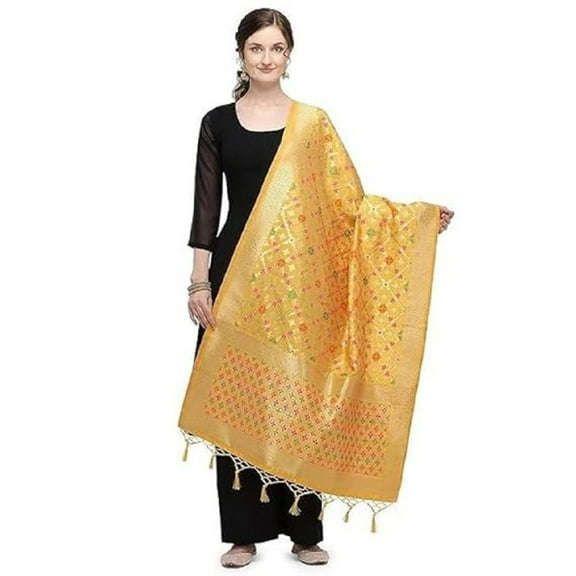 Beautiful Yellow Checkered Cotton Silk Bandhej Banarasi Dupatta/Chunni for Women and Girl Size: 1M x 2.25M)