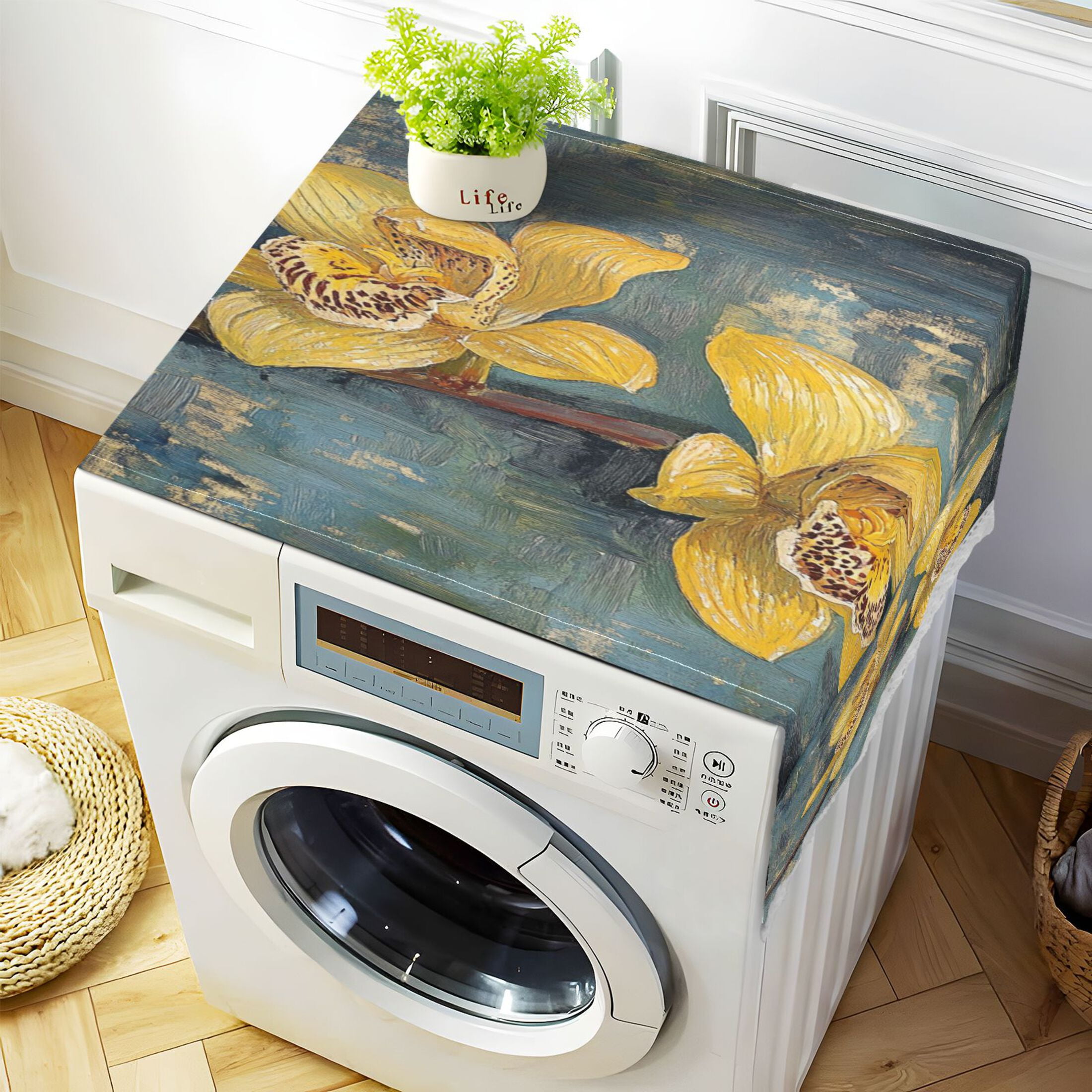 Beautiful Yellow CymbidiumWasher and Dryer Covers Dust-Proof and Oil Resistant Fridge Cover with 4 Storage Pockets Washing Machine Top Cover for Laundry Kitchen Home 51.2 x 22 In
