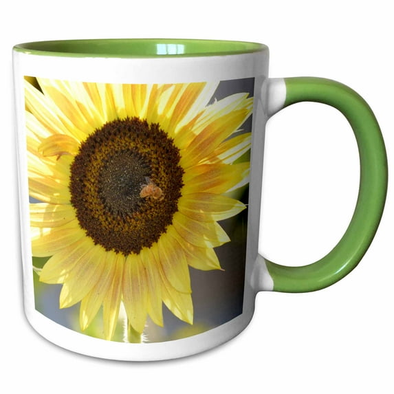 3drose, Beautiful Yellow Sunflower with Bee in a Summer Garden, 15oz Two-tone Green Mug