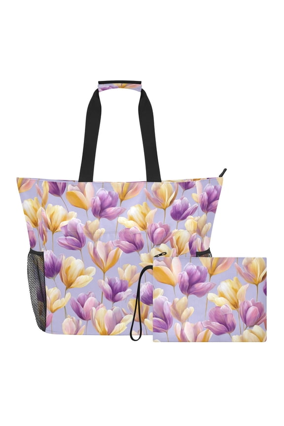 Beautiful Yellow and Purple Flower Tulips Beach Bag Travel Tote Bag Reusable Shopping Bag Gym Bag with Wet Pocket Waterproof