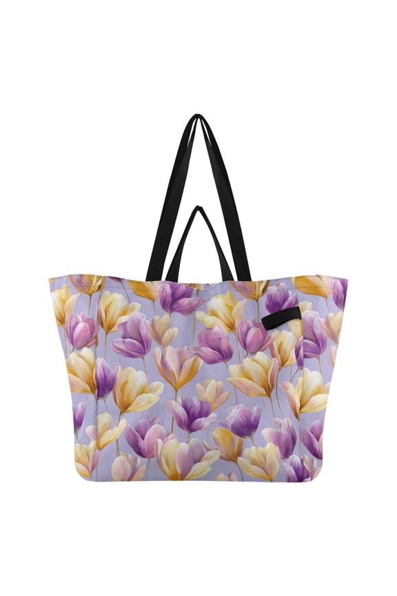 Beautiful Yellow and Purple Flower Tulips Foldable Canvas Tote Bags Reusable Grocery Bags Laundry Bags Beach Bag 32L