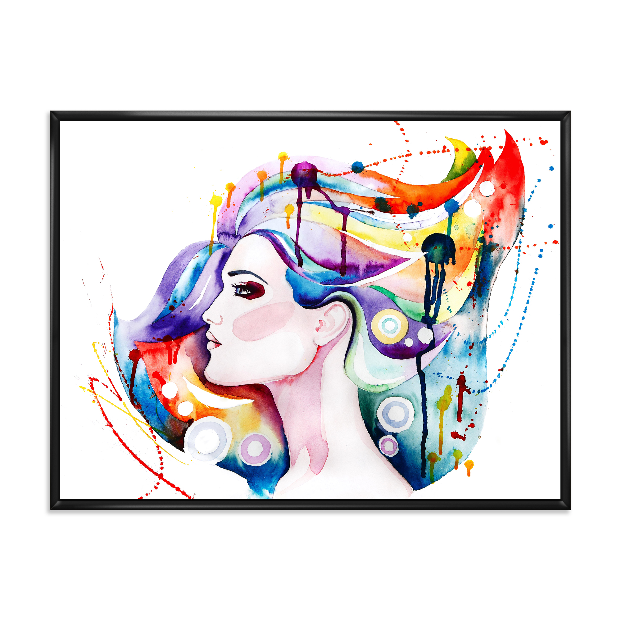 Beautiful Young Woman With Colorful Hair 32 in x 24 in Framed Painting Canvas Art Print, by Designart