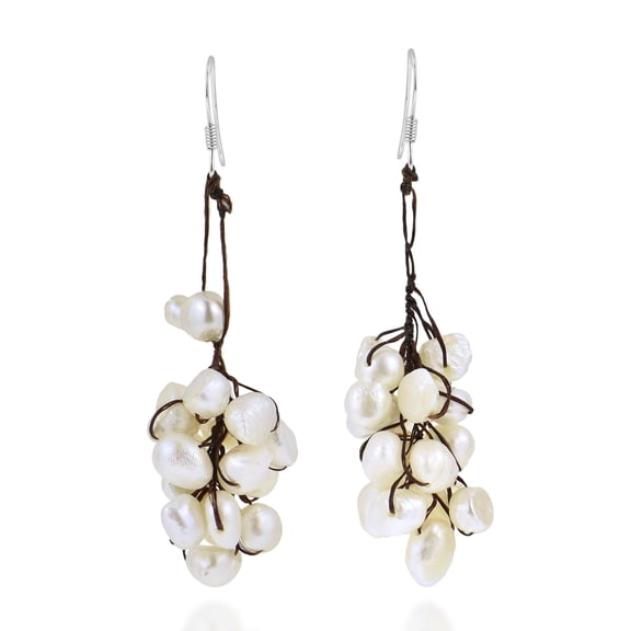 Beautiful and Elegant White Pearl Cluster on Cotton Thread Dangle Earrings