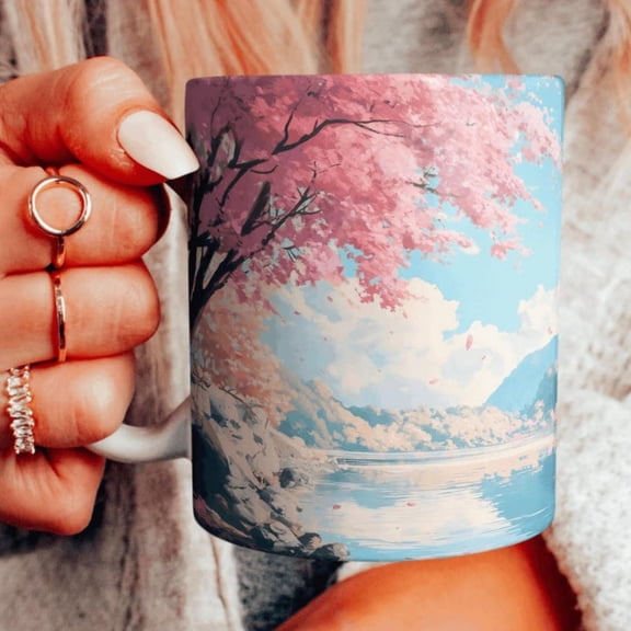 Beautiful anese Lake Ceramic Mug, Pink Sakura Pond Coffee Cup, ry Tree Scenery Teacup, Manga Art Mug, Choose Your Design.