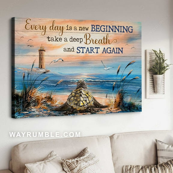 Beautiful blue beach, Sunset drawing, Sea turtle, Every day is a new beginning - Jesus Landscape poster Prints, Home Decor Wall Art, UNFRAMED-18x24