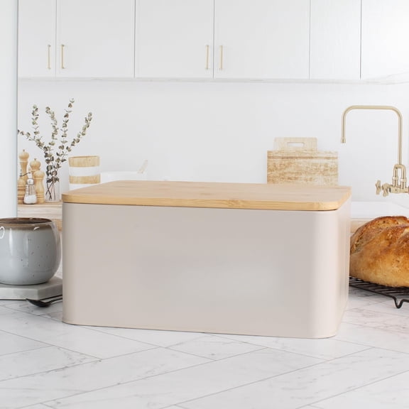 Beautiful bread box with wooden lid fits perfectly on your kitchen countertop - Spacious container is perfect for storing homemade bread, English muffins and bagels - Premium cutting board lid keeps