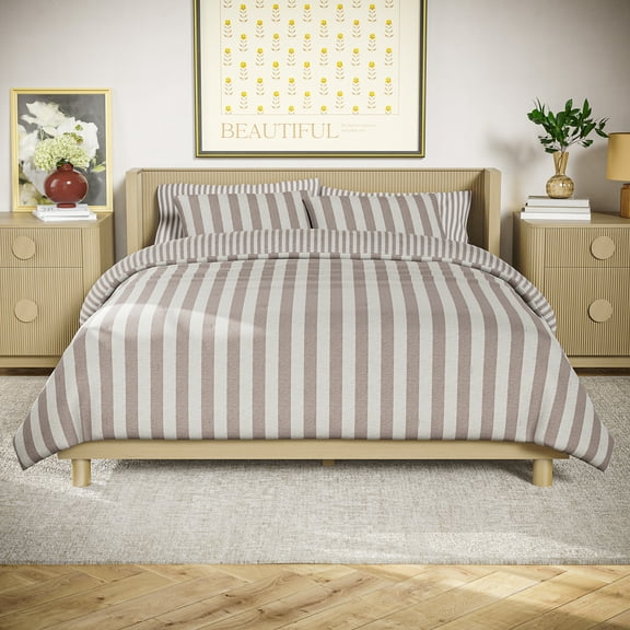 Beautiful by Drew Barrymore 3-Piece 100% Cotton Striped Comforter Set, Natural, Full/Queen