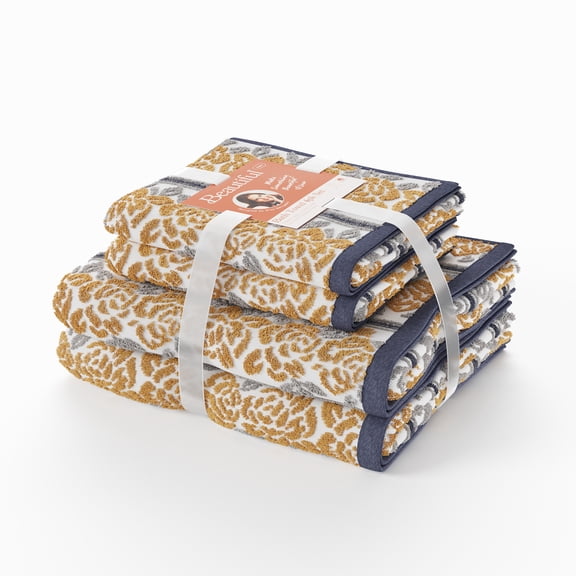 Beautiful by Drew Barrymore 4-Piece Bath Towel Set, Wallpaper Pattern, 100% Cotton, Amber Yellow