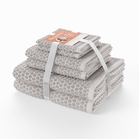 Beautiful by Drew Barrymore 6-Piece Dot Bath Towel Set, Soft 100% Cotton, Porcini Taupe