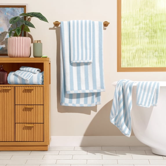 Beautiful by Drew Barrymore 6-Piece Stripe Hem Bath Towel Set, 100% Cotton, Hydrangea