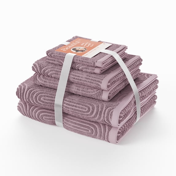 Beautiful by Drew Barrymore 6-Piece Textured Bath Towel Set, 100% Cotton, Rose Pink